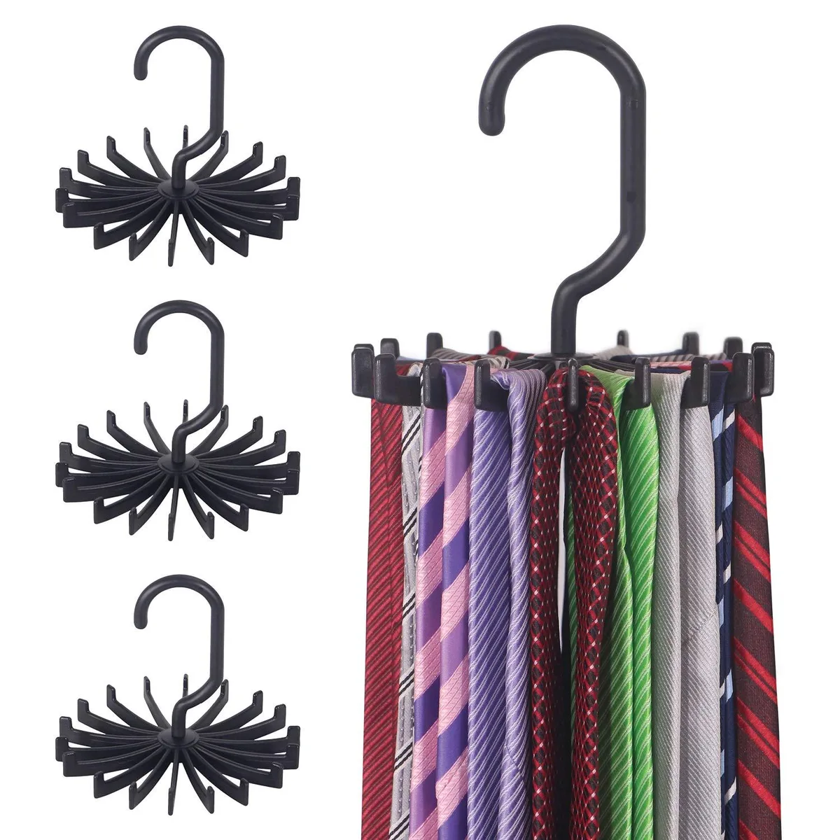 Black polystyrene tie rack with 360 rotating hooks, set of four