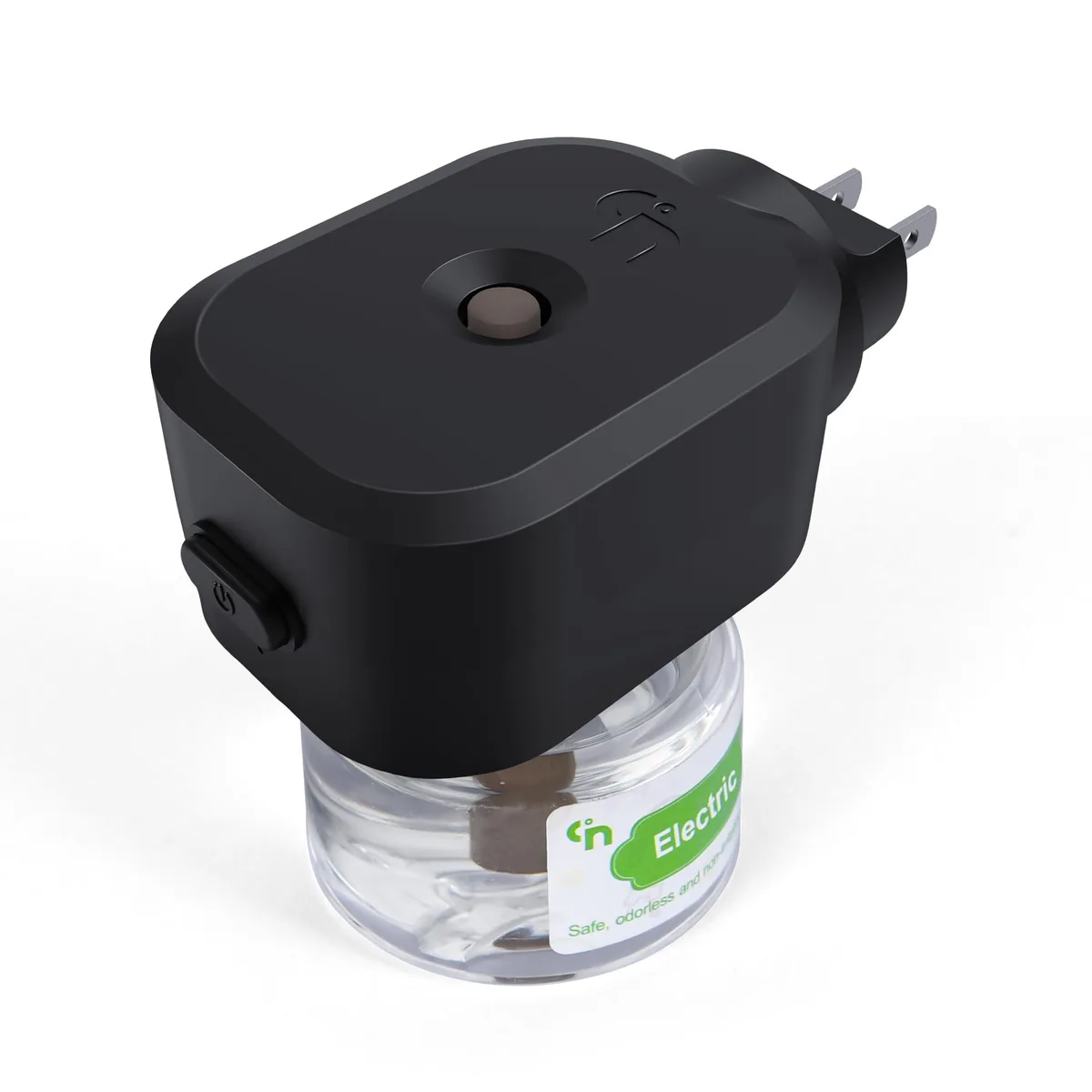 White rectangular plug-in unit with 90° rotating prongs and single button on front