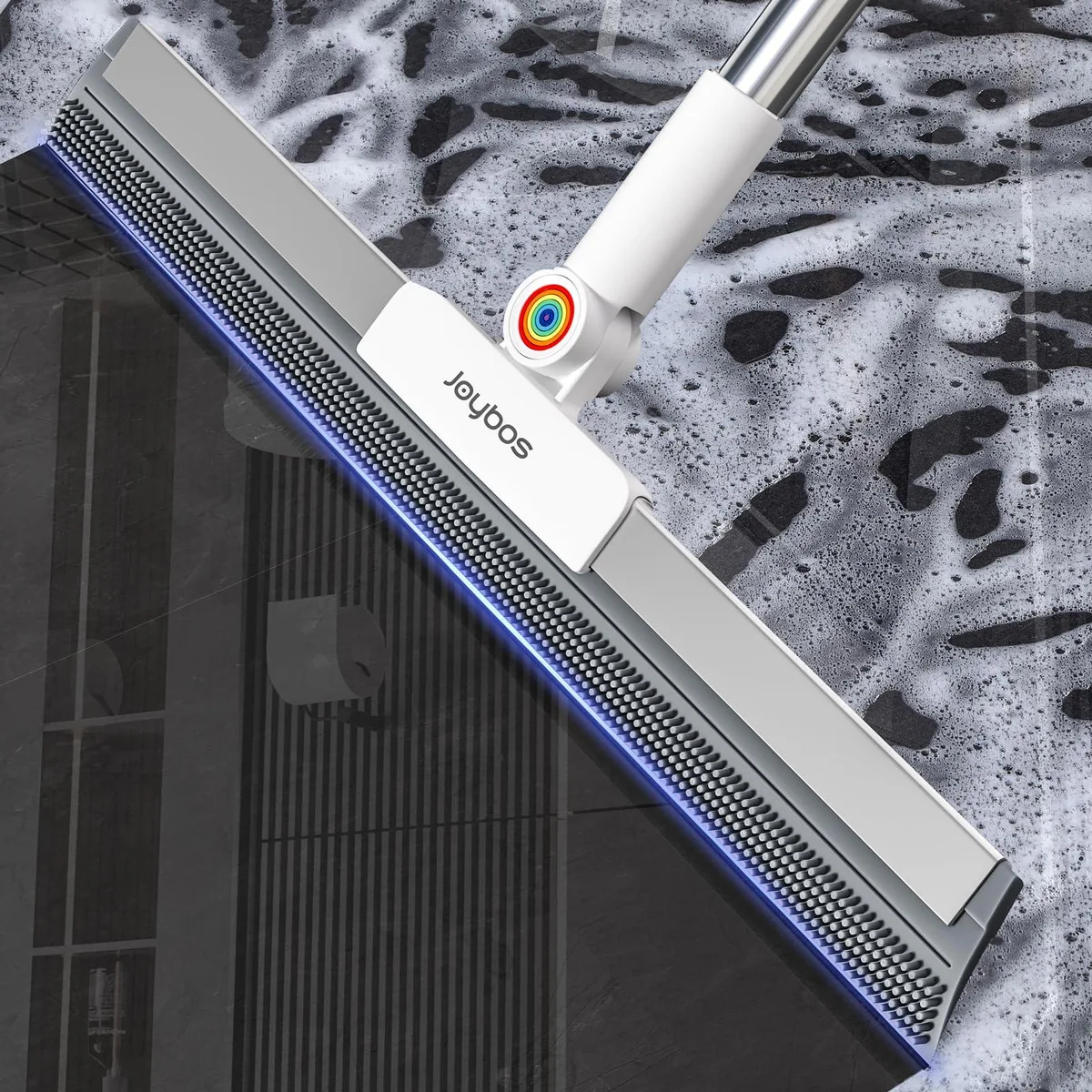 Grey TPE squeegee head on 62-inch stainless steel handle with two microfiber cloths