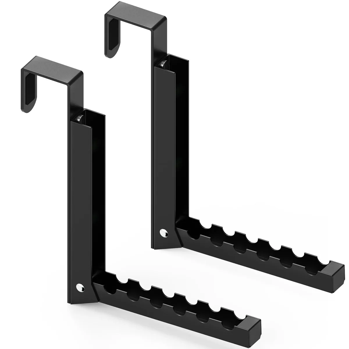 Two black folding over-door drying racks with six grooves each