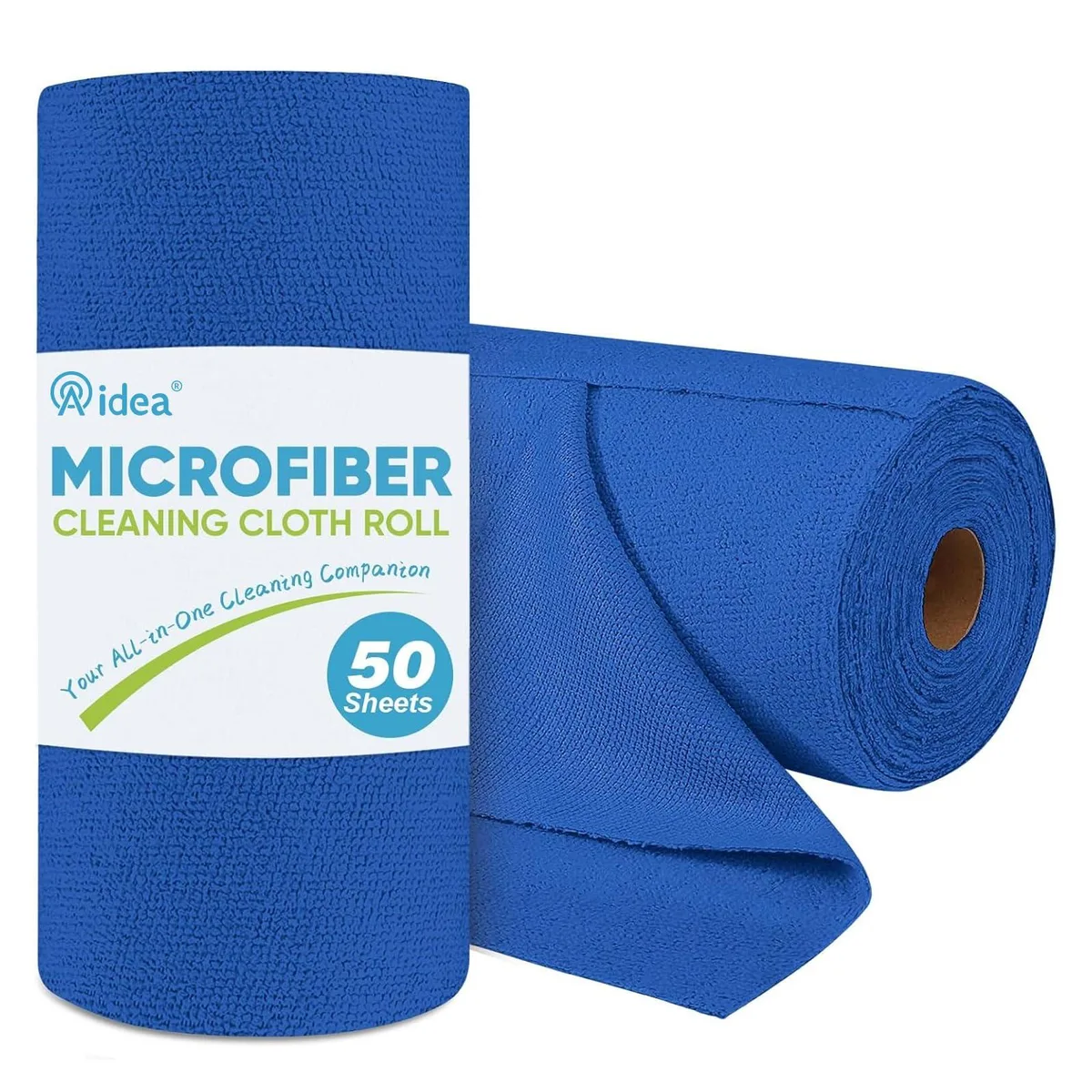 Dark blue microfiber cleaning cloth roll, 50 tear-away sheets, 11.5 inch square, lint-free reusable towels