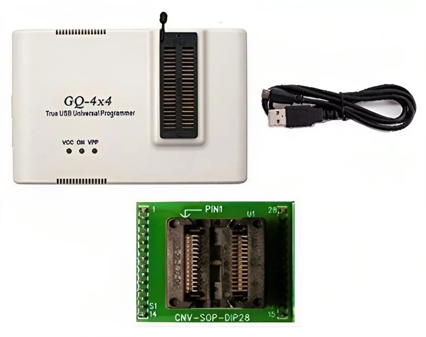 White GQ-4X V4 programmer unit with 40-pin ZIF socket plus ADP-028 SOIC28 ZIF adapter