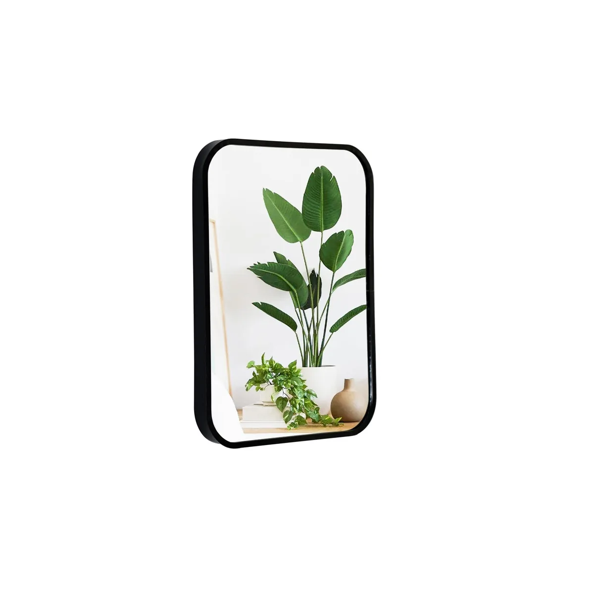 Rectangular black aluminium-framed mirror with rounded corners, brushed finish, 15.7 by 11.8 inches
