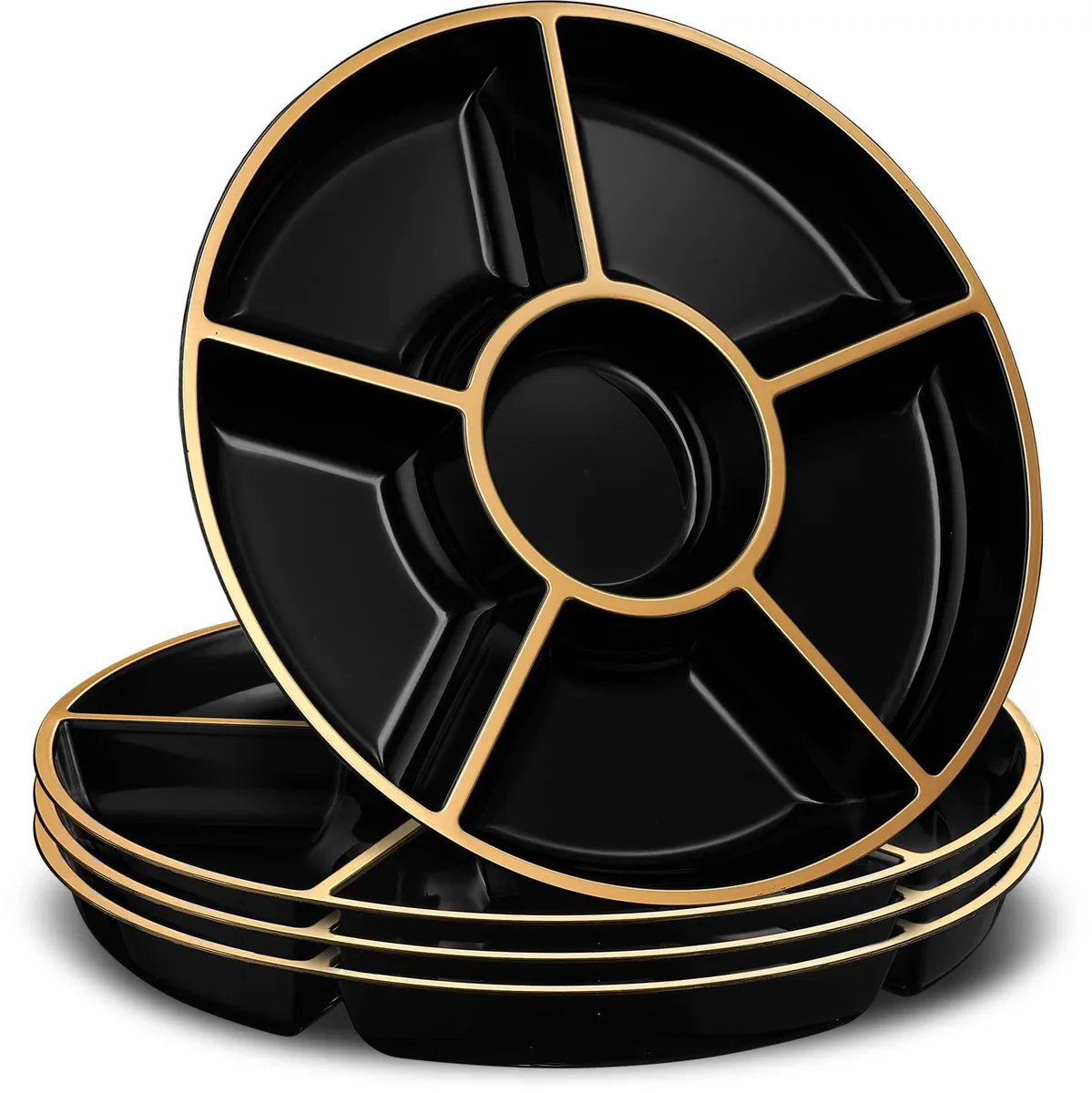  Handy Gourmet 6-Section Round Serving Tray 12" Black &amp; Gold Pack of 2 — product photo