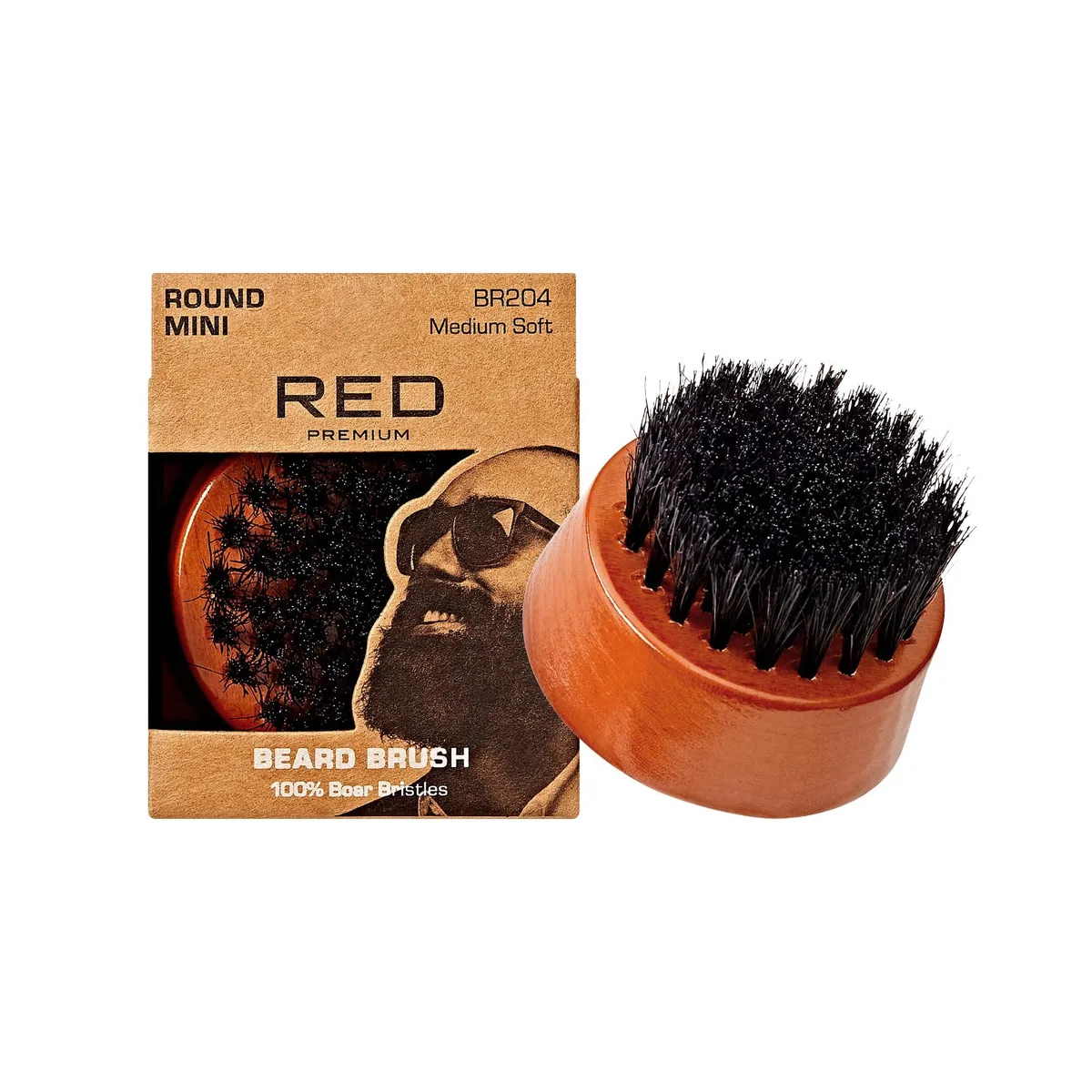 Small round wooden beard brush with natural boar bristles, 4.4 by 7.5 cm