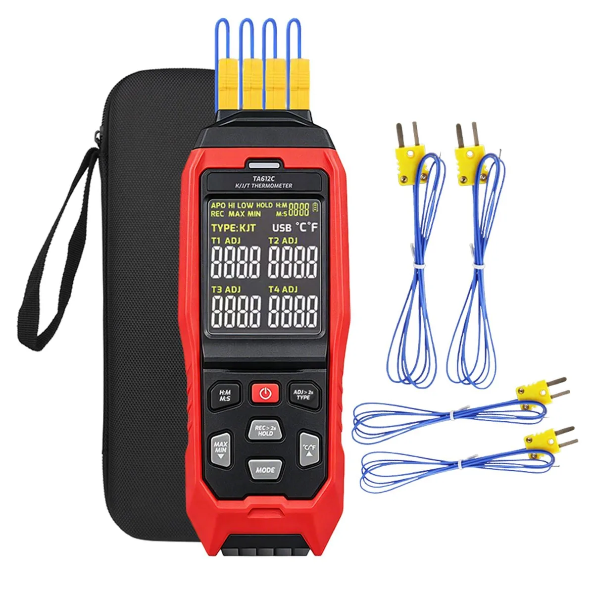 Red four-channel thermocouple data logger with USB port and alarm lights