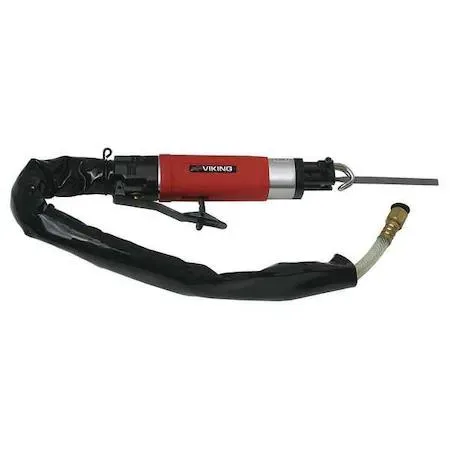 Red metal reciprocating air saw with safety lever throttle and two blades included