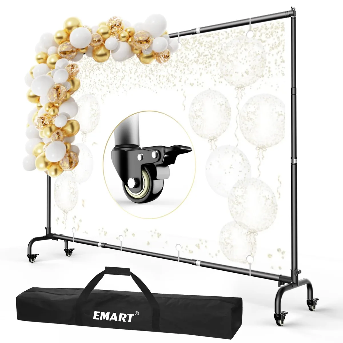 Silver rectangular metal backdrop frame with wheeled base and crossbar, 300 by 230 by .1 cm