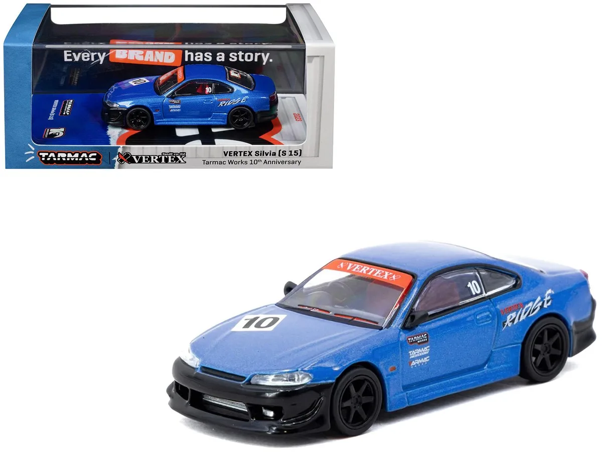 Tarmac Works Tarmac Works Nissan Vertex Silvia S15 RHD #10 10th Anniversary Blue Metallic 1/64 hobby collectible — product photo