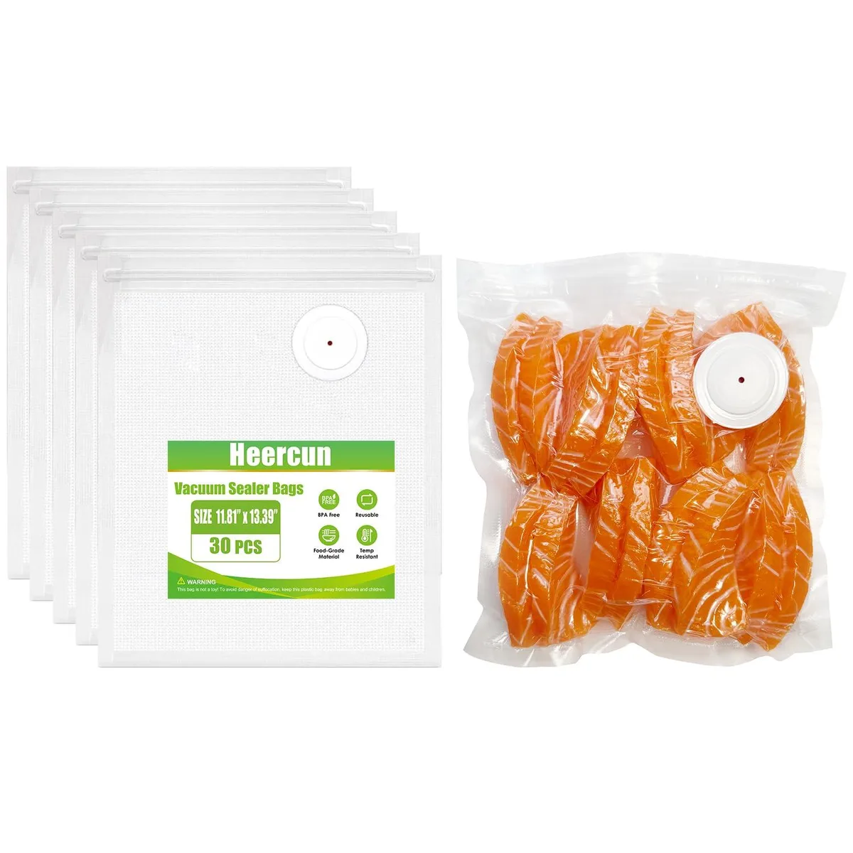  Heercun Vacuum Sealer Bags 30 Large 11.81 x 13.39 in with 2 Clips — product photo
