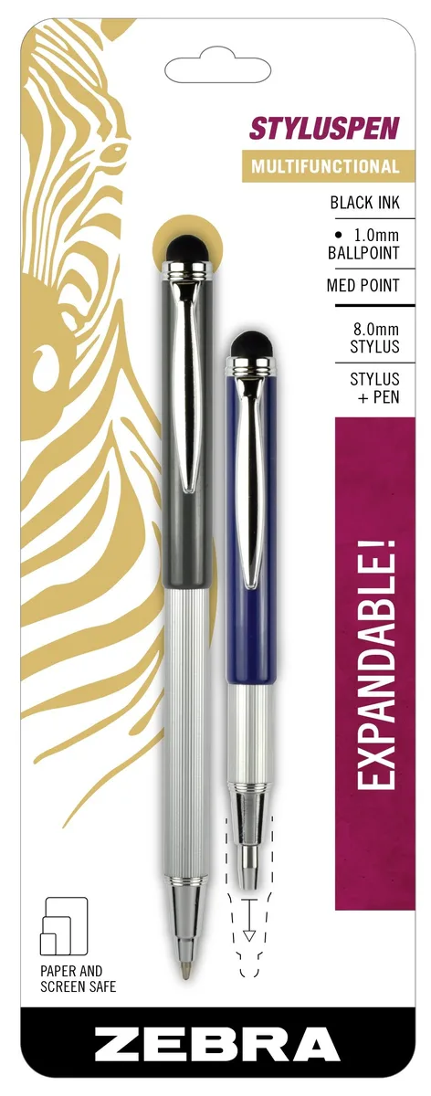 Two telescopic metal pens with ballpoint and stylus tips, black ink, 1.0mm point