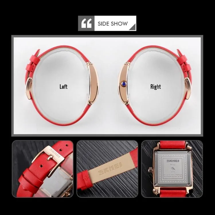 Red 27 mm dial quartz watch, zinc alloy case, PU strap, stainless steel buckle, 30 m waterproof