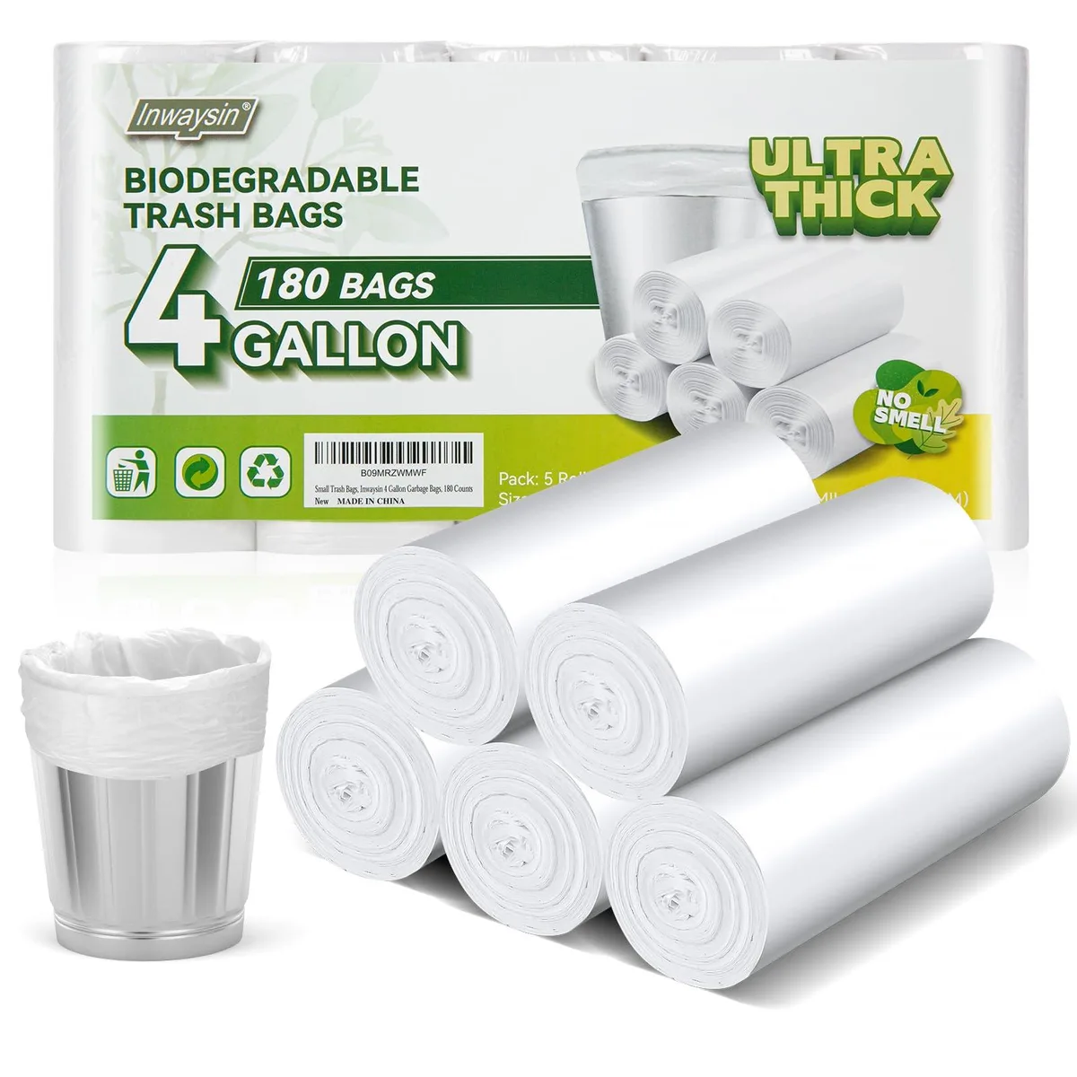 A white roll of 180 biodegradable 4-gallon trash bags