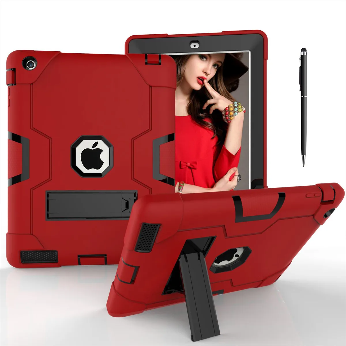BONAEVER BONAEVER iPad 2/3/4 9.7" Hard Case Red with Kickstand &amp; Stylus — product photo