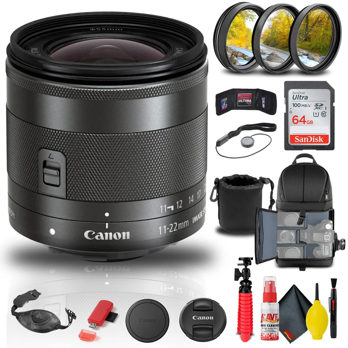 Canon Canon EF-M 11-22mm f/4-5.6 IS STM Lens Bundle with Filter Kit, Backpack &amp; Accessories — product photo