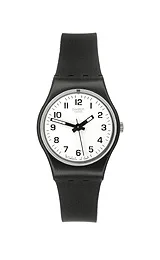 White plastic round watch, black dial, 25 mm case, 13 mm band