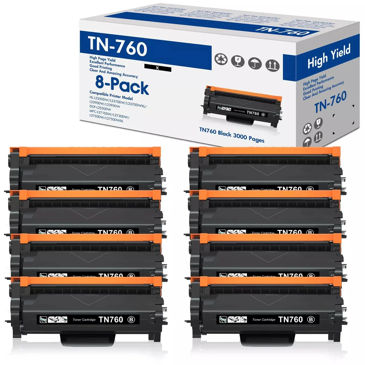 V4ink V4ink TN760 Black Toner Cartridge 8 Pack Compatible MFC-L2750DW HL-L2390DW L2370DWXL 3000 Pages — product photo