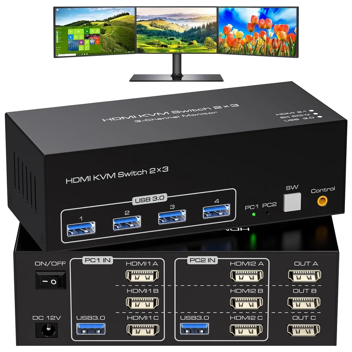 LUOM LUOM SW231-3HD KVM Switch 3 Monitors 2 Computers 8K 60Hz 4K 120Hz HDMI 2.1 4 USB 3.0 — product photo