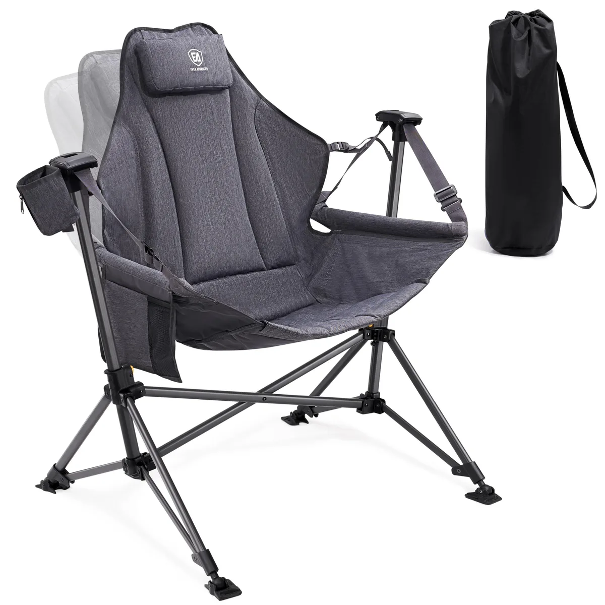 Grey foldable hammock camping chair with padded fabric, metal frame, cup holder, 31.5in wide