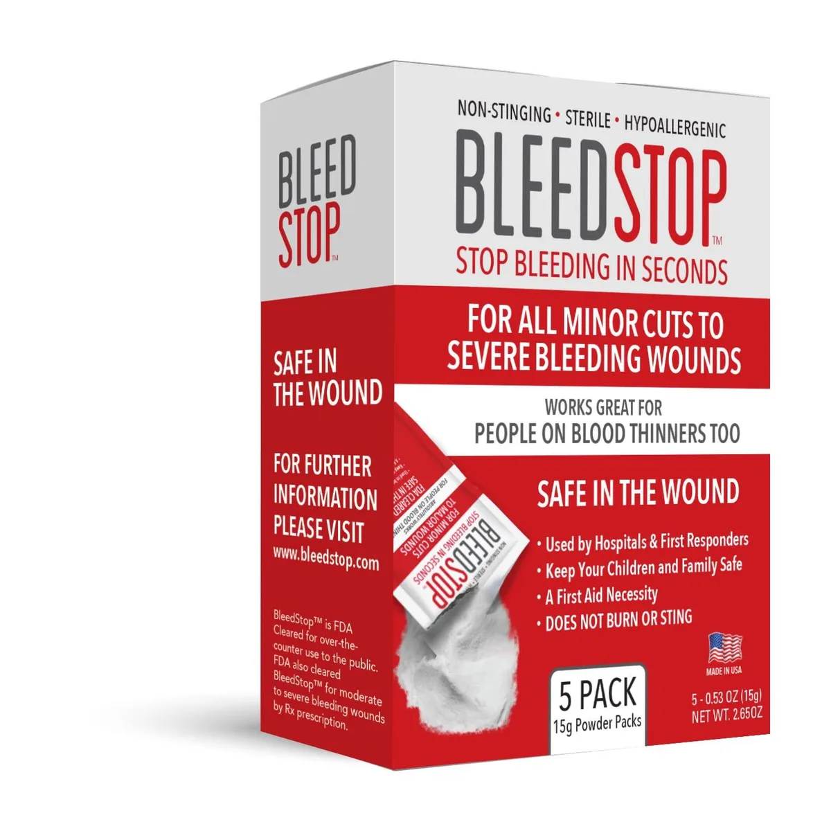 White rectangular box with BleedStop lettering, 5 pack 15g first aid powder