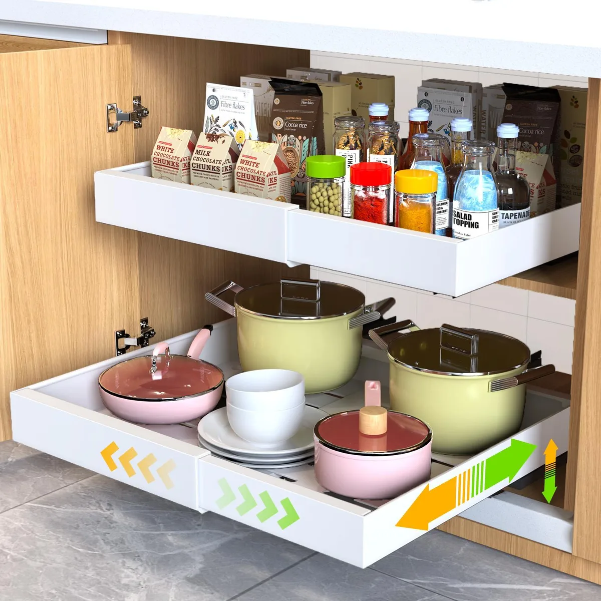 Two red plastic pull-out cabinet organizers with three sliding rails each, expandable from 12.4 to 20.47 inches wide, 21 inches deep