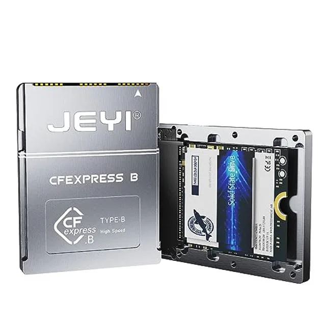 Rectangular aluminium case with CFexpress Type B connector and M.2 slot inside