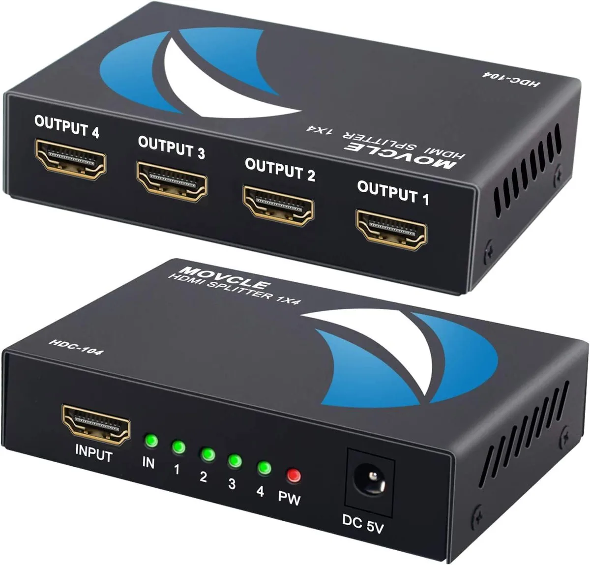 Small black rectangular HDMI splitter box with multiple ports