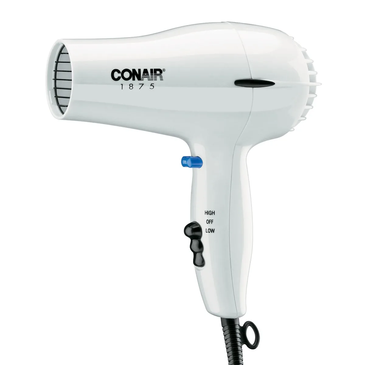 White compact hair dryer with concentrator nozzle, ergonomic handle and cool shot button