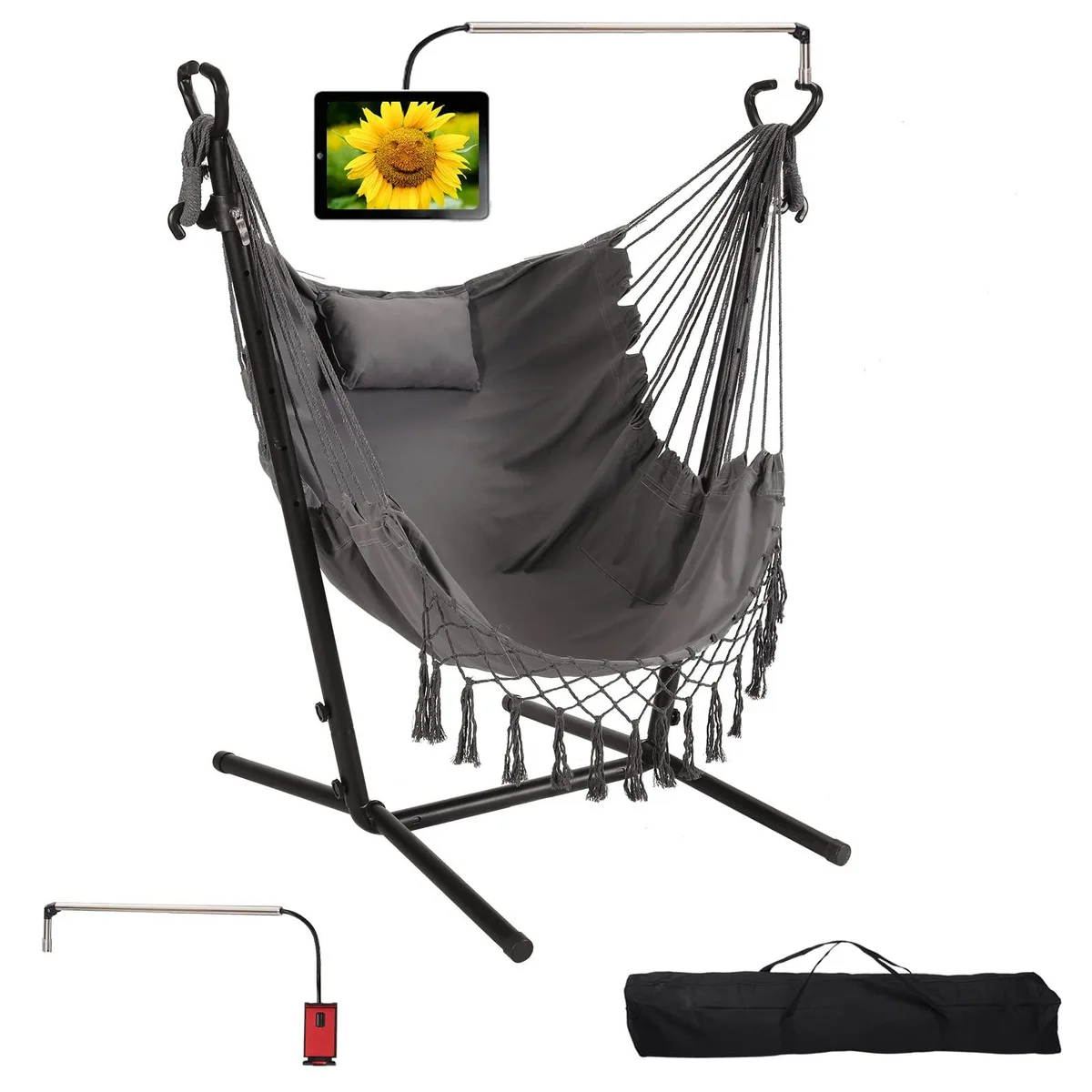 Grey hammock chair on a smiley-face metal stand with a phone holder attached