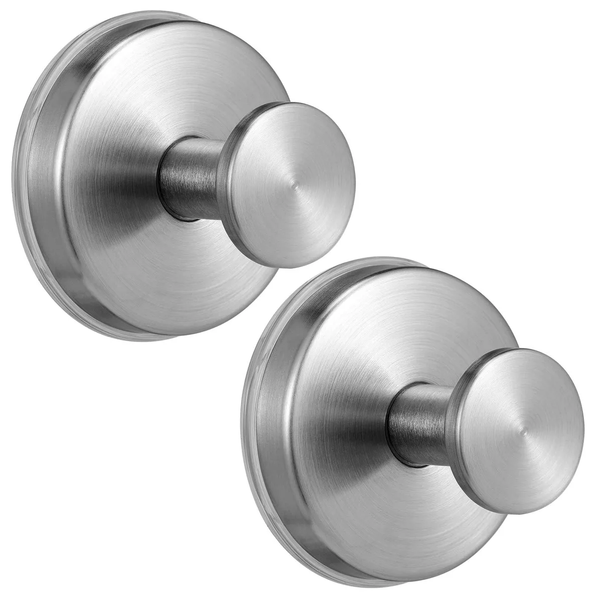 Two brushed nickel suction cup hooks on a smooth surface