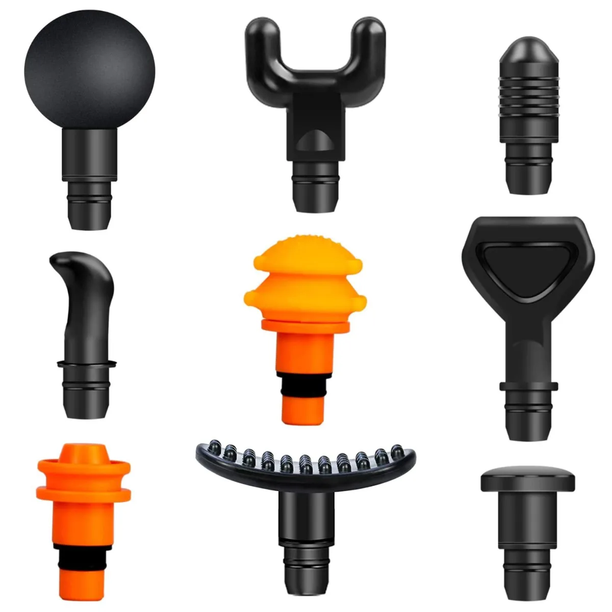 Nine black and yellow massage gun heads in assorted shapes on a plain background