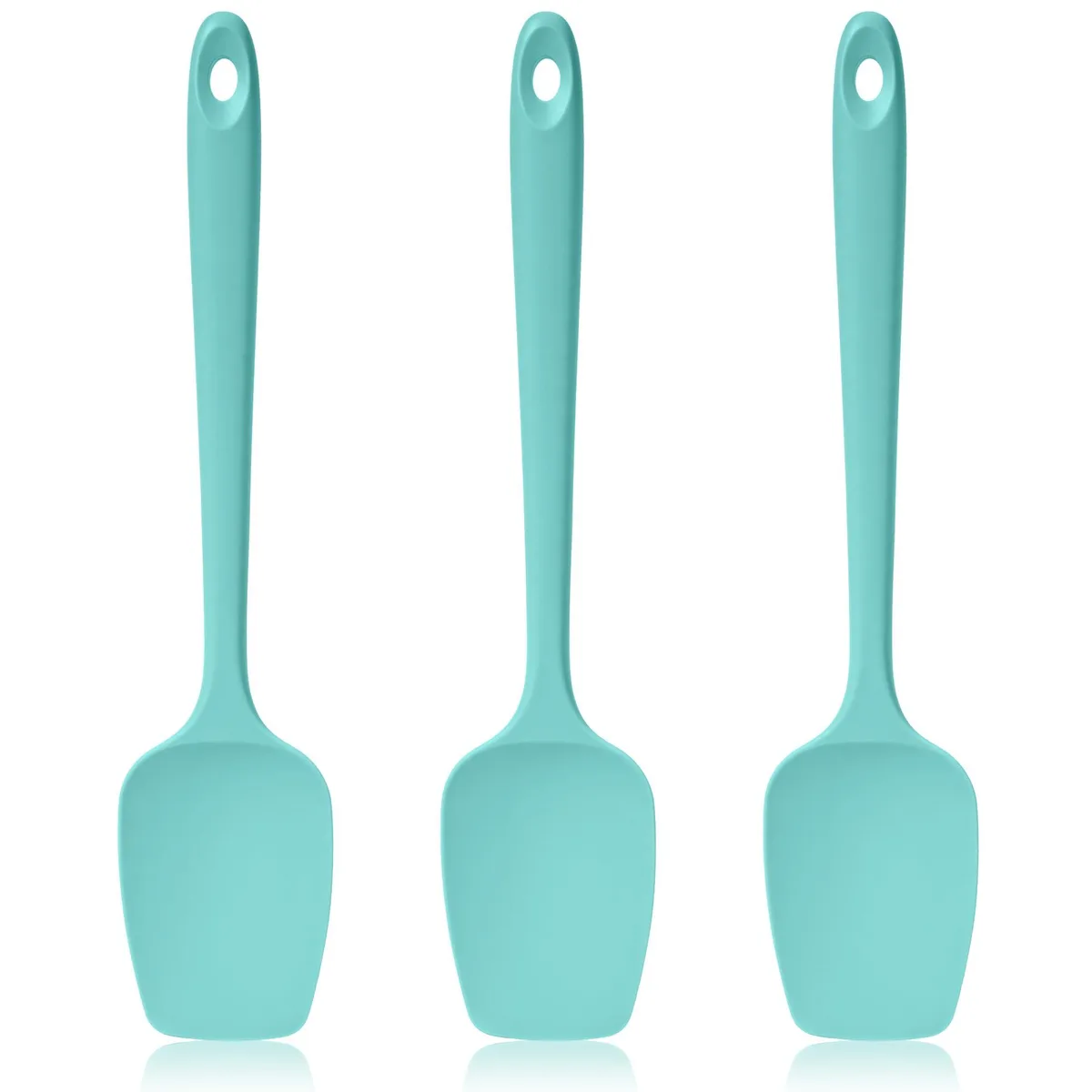Three aqua sky silicone spoon spatulas with rounded heads and textured handles
