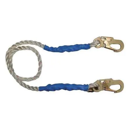 White polyester restraint lanyard with steel snap hooks at both ends, six feet long