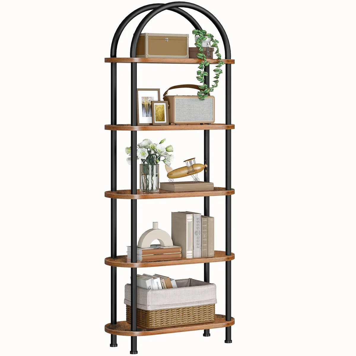 Tall five-tier arched bookshelf with rustic brown particleboard shelves and matte black metal frame