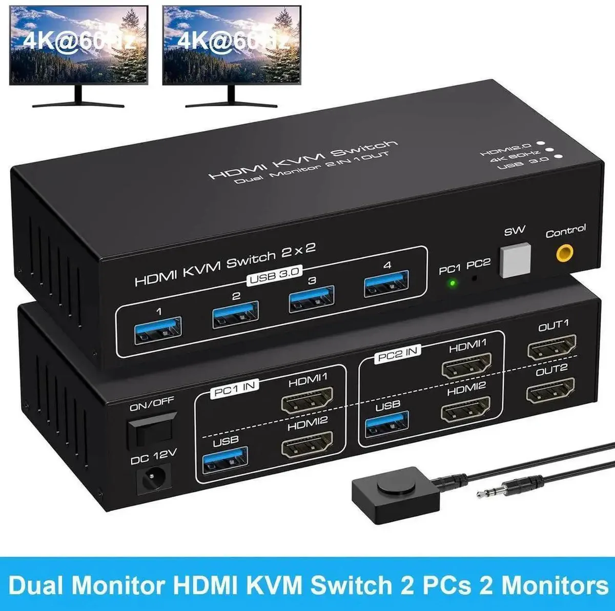 Vszerda Vszerda Dual Monitor HDMI KVM Switch 2-Port 4K@60Hz 4 USB 3.0 Switcher 2 Computers 2 Monitors — product photo