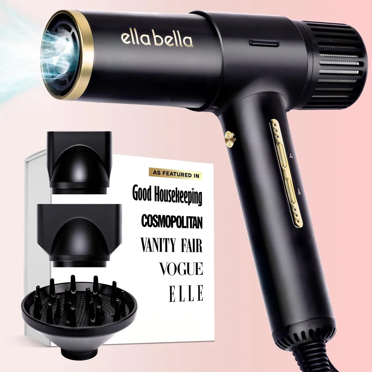 Black hair dryer with magnetic diffuser and nozzle attachments, 1750W, 5.9 ft cord