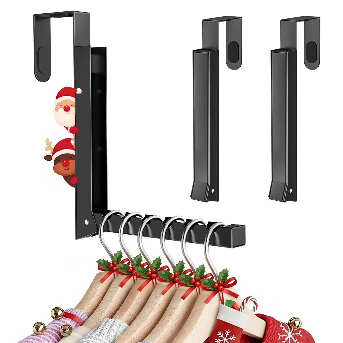 Two black foldable over-door drying racks with six hooks each, matte steel finish, foam-padded top hooks