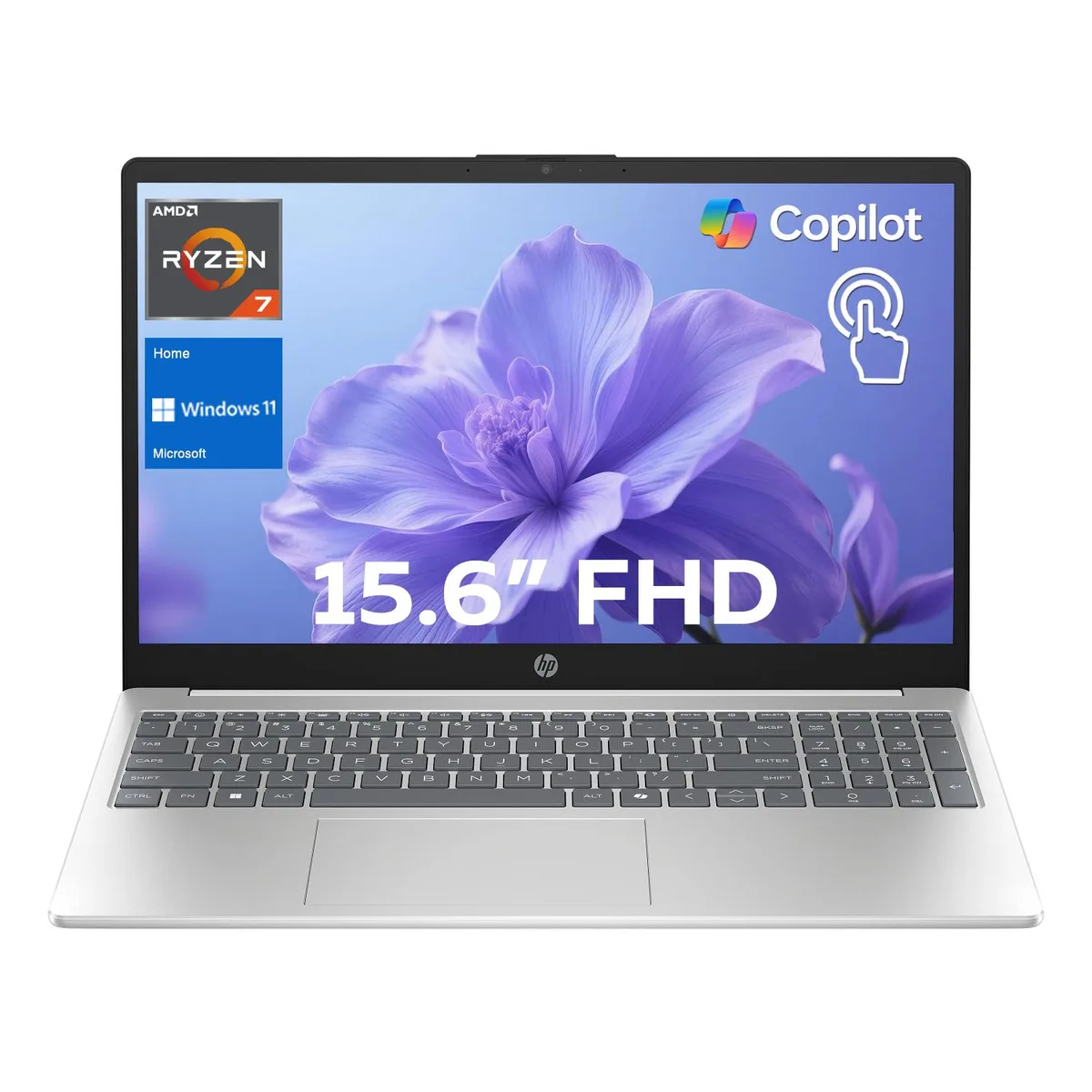 HP HP Pavilion 15 laptop, Ryzen 7 7730U, 32GB RAM, 1TB SSD, 15.6" FHD touchscreen, Silver — product photo
