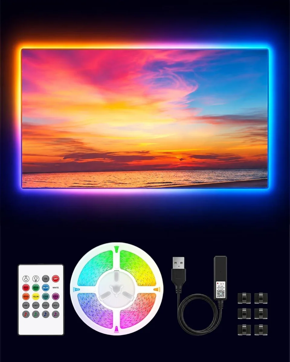 White LED strip kit coiled with remote and USB cable