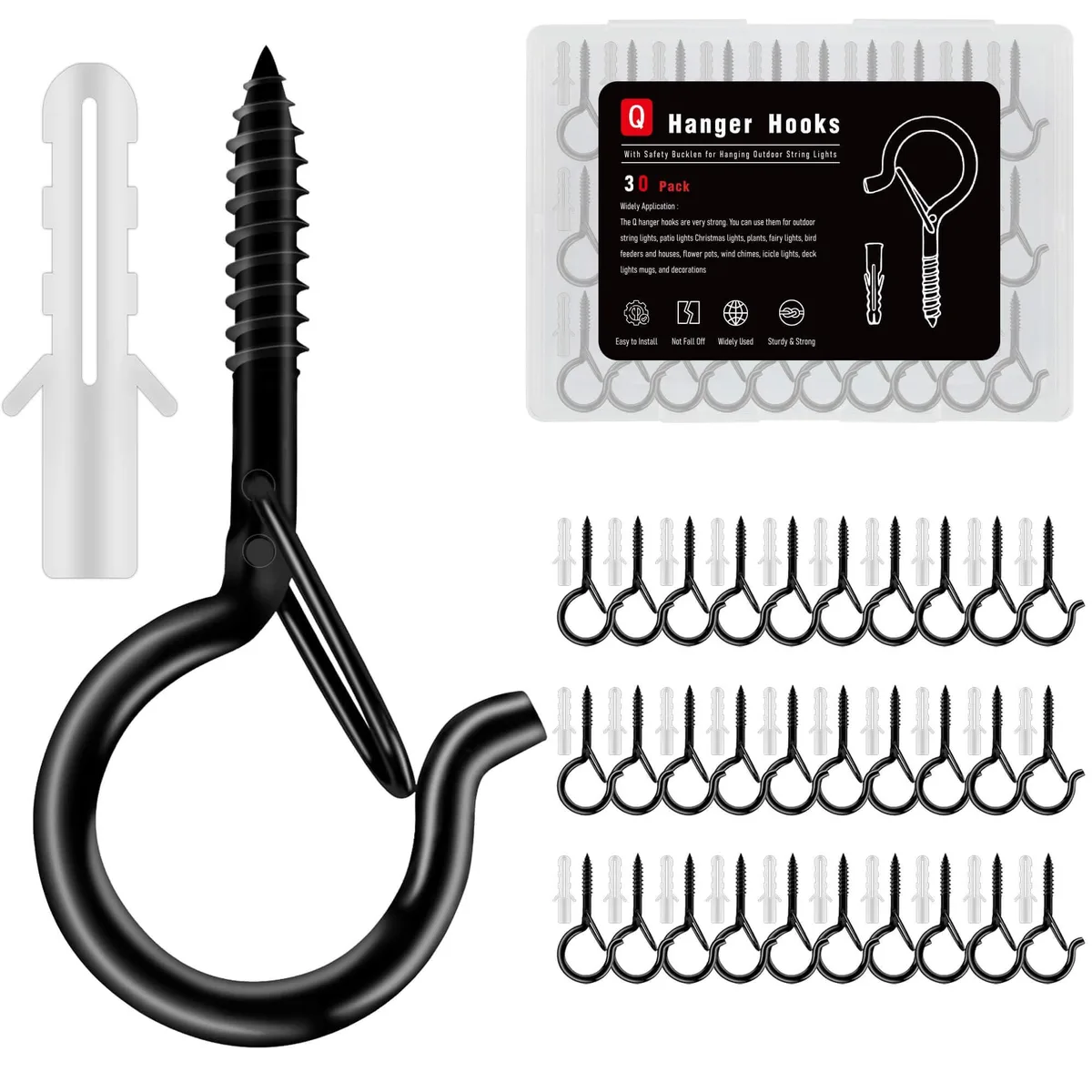 Black metal screw hooks with safety buckles and plastic anchors in a storage case