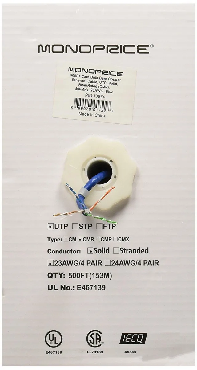 Monoprice Inc. Monoprice Inc. Cat6 Bulk Ethernet Cable 23AWG Solid Copper CMR 500ft Blue 113674 — product photo