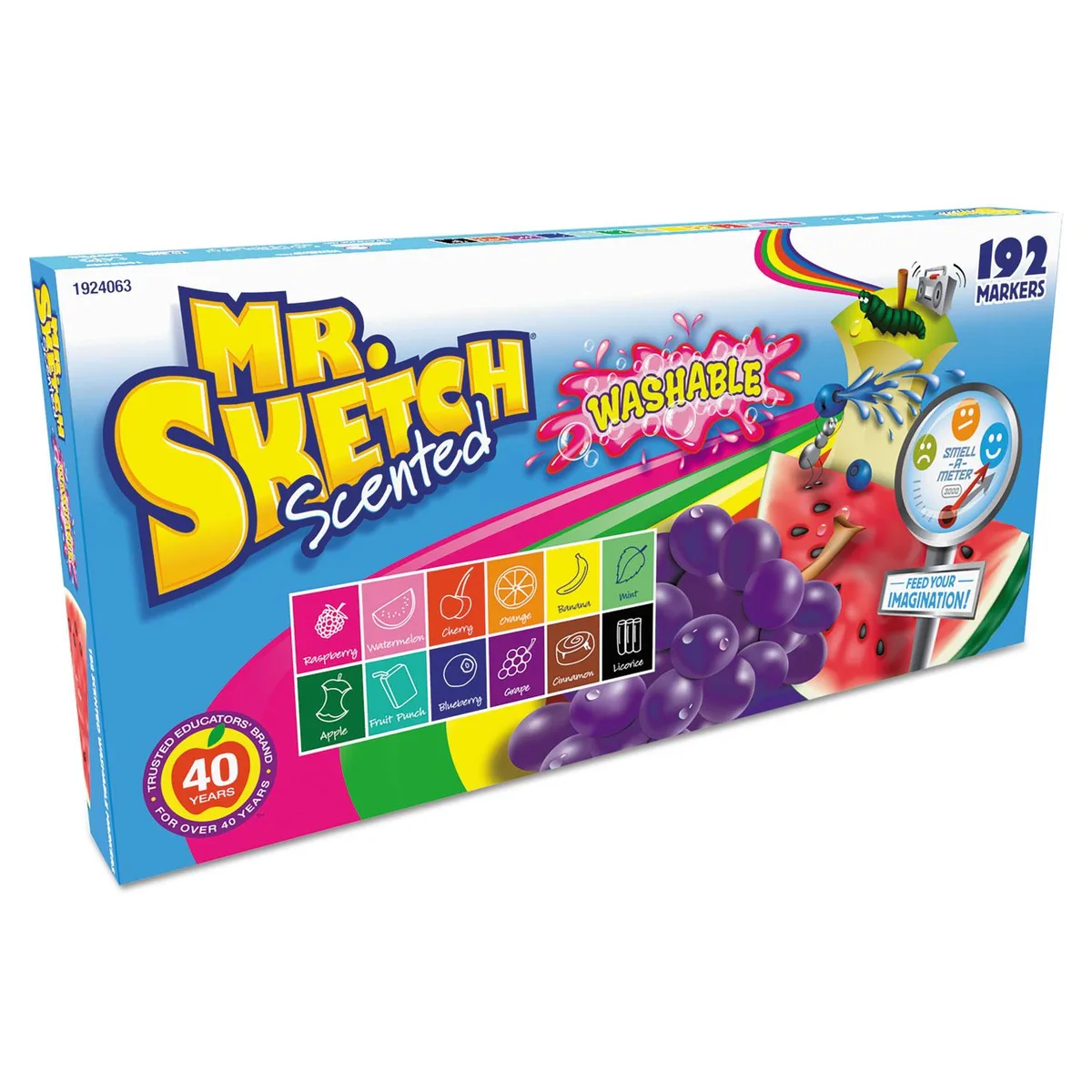 Cardboard box holding 192 chisel-tip washable markers in assorted colours