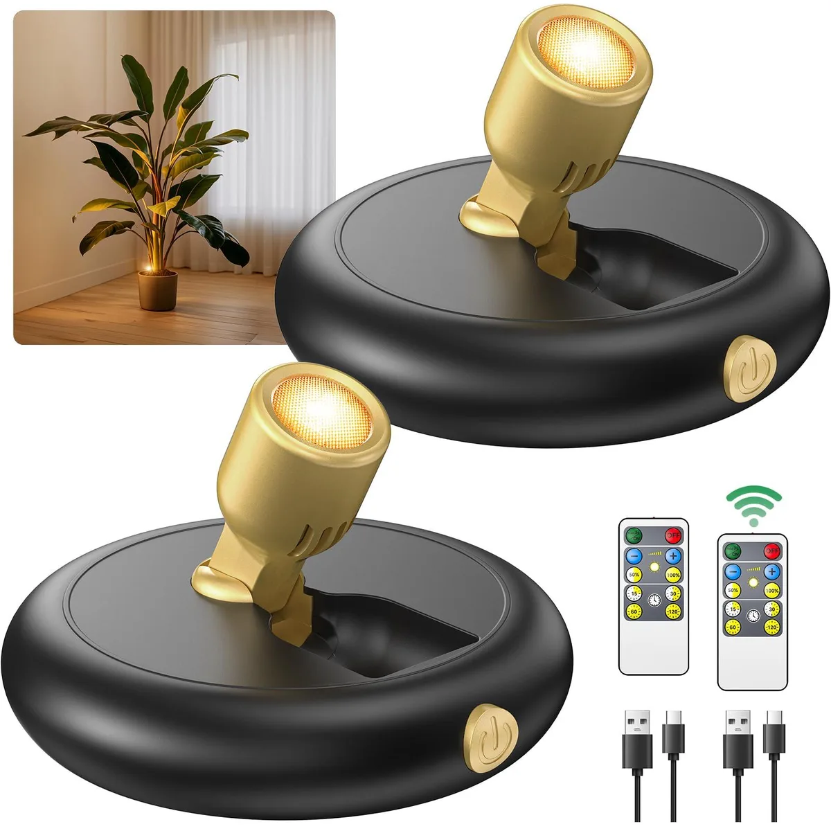 Two white square LED spotlights with clear prismatic lenses, magnetic bases, remote controls and charging cables