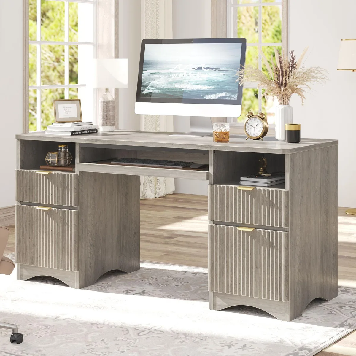 Bestier Bestier 59" Executive Office Desk with Drawers Grey Washed — product photo