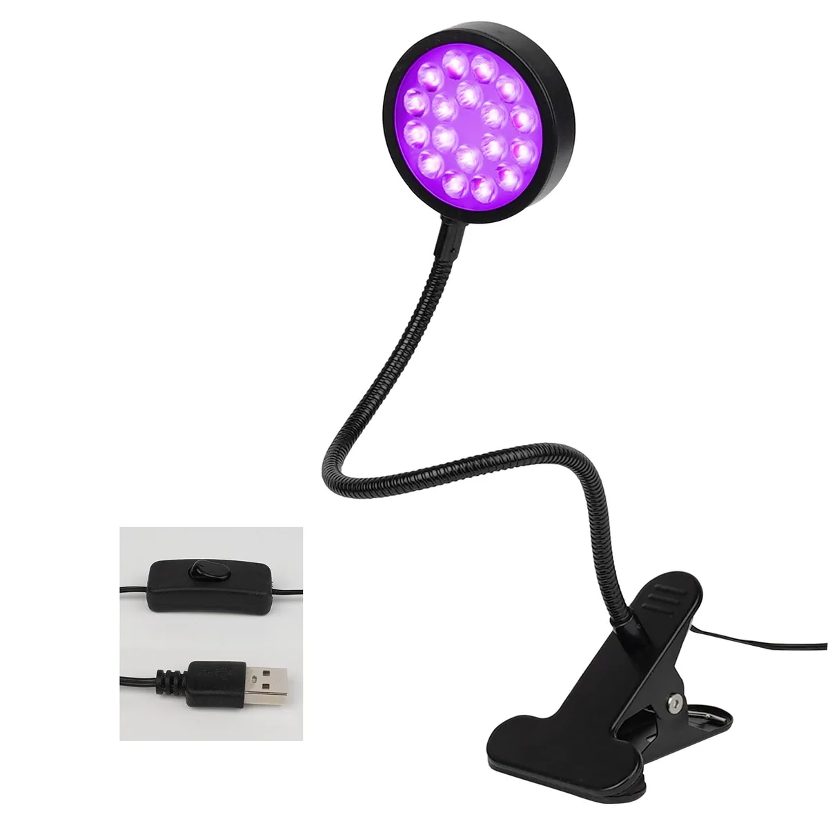 Black UV gooseneck lamp with metal clamp, flexible 15.4 inch arm and USB cable