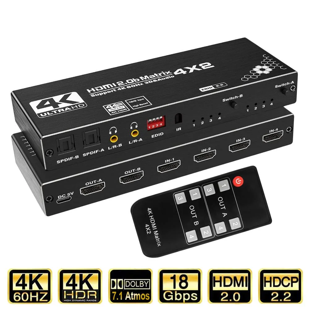 ESTONE ESTONE OZJ1 4x2 HDMI 2.0b Matrix Switch 4K@60Hz Optical Audio Scaler EDID Remote HDCP2.2 HDR 10 — product photo