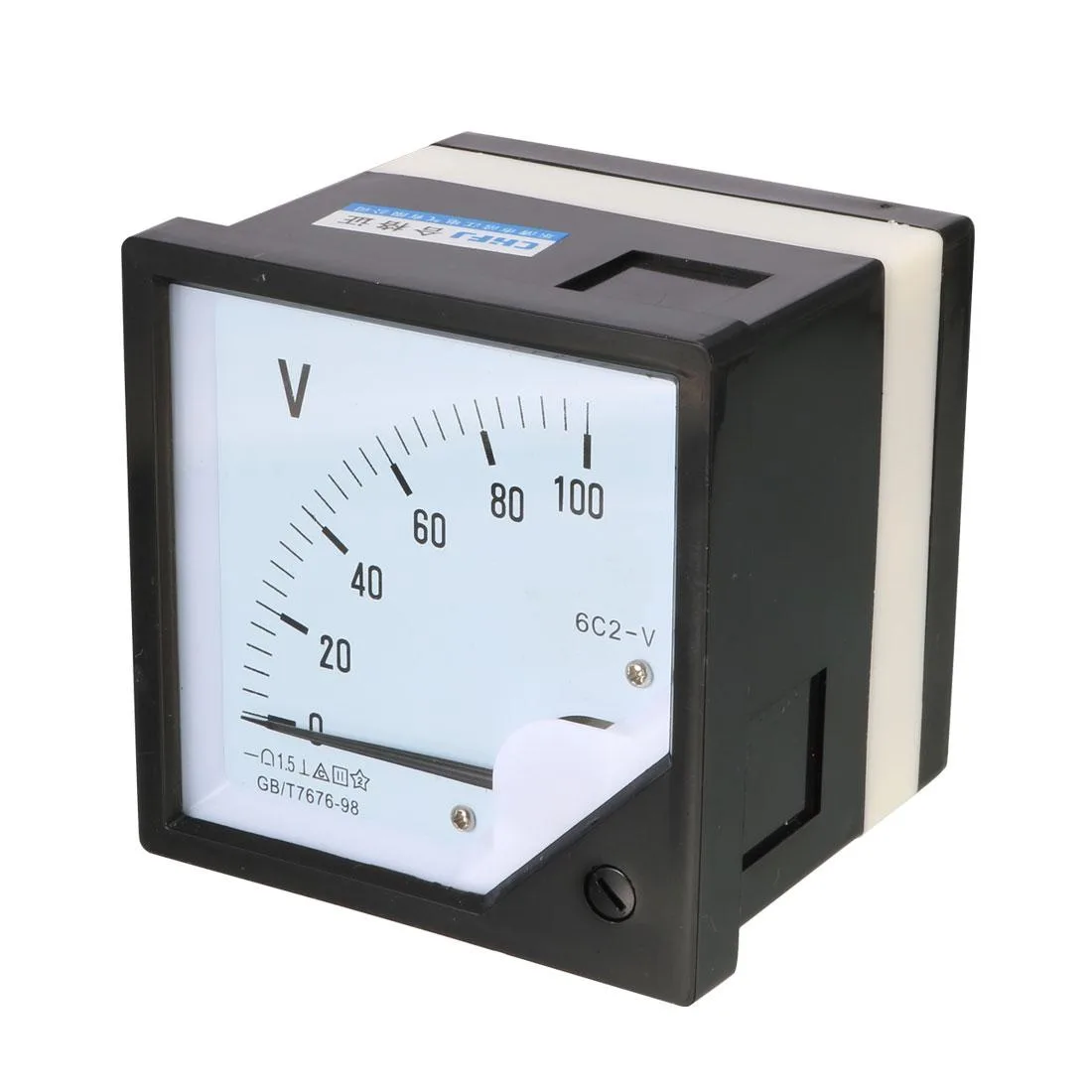 Square black panel voltmeter with white scale marked 0-100V and clear cover
