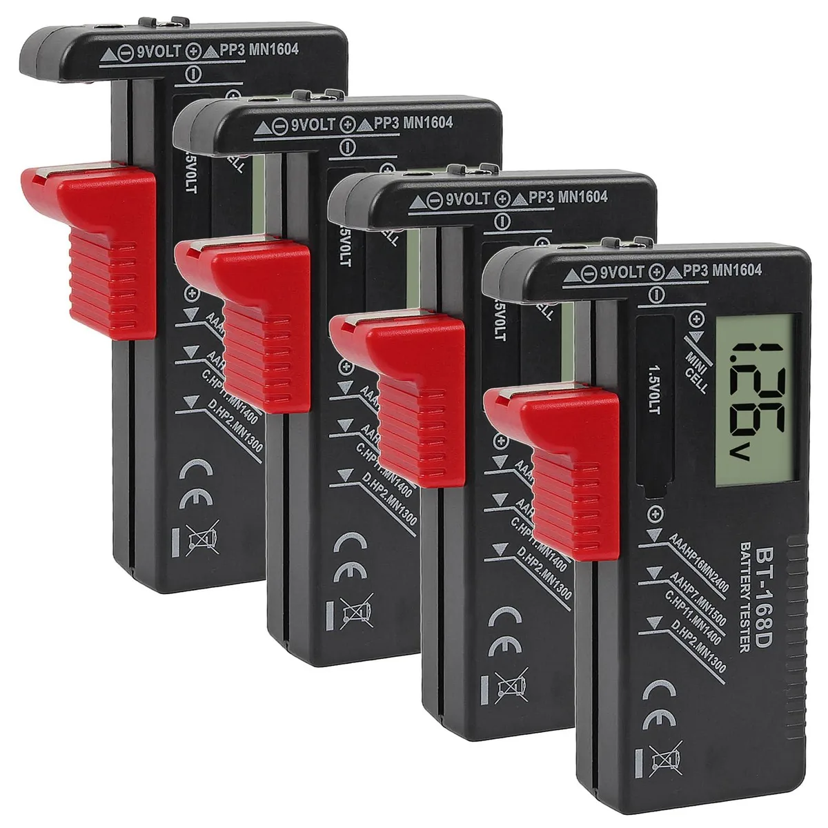 Four compact digital battery testers with LCD screens and multiple battery slots