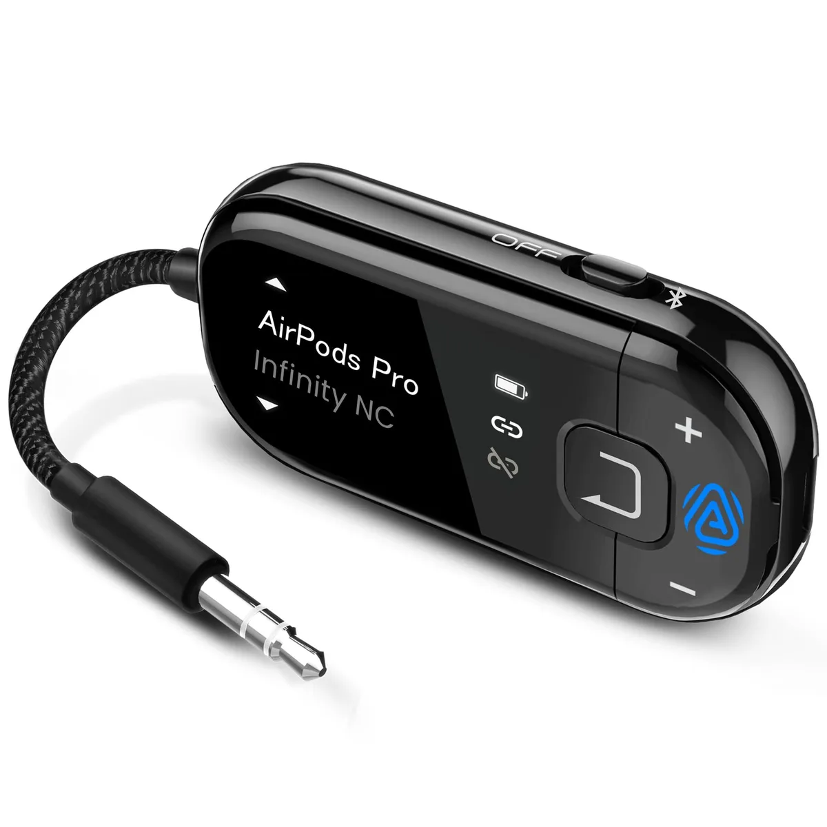 Compact black Bluetooth adapter with OLED screen, 3.5mm plug, 11.8 by 3.18 by 1.25 inches
