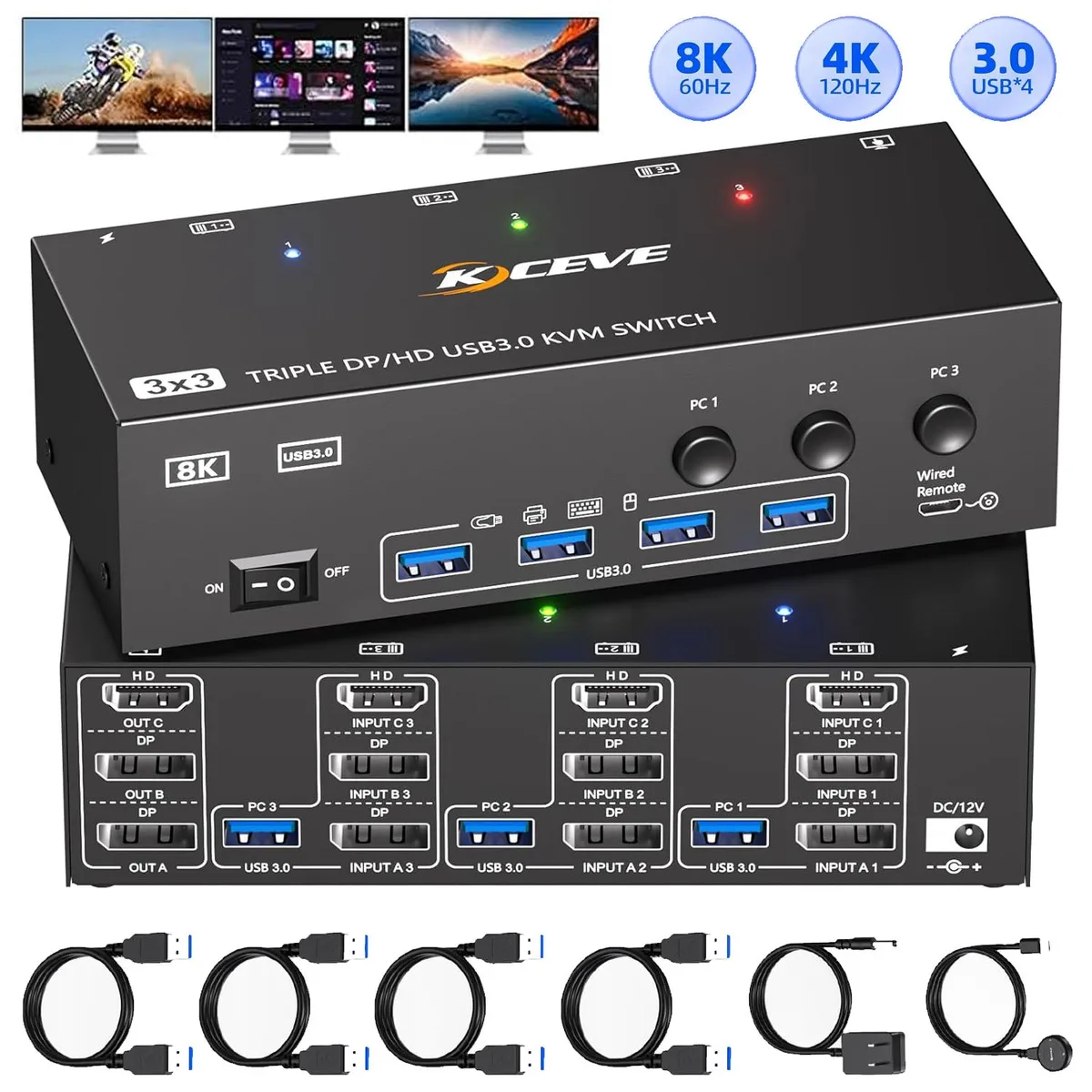 AUTYUE AUTYUE KC303DH KVM Switch 3 Monitors 3 Computers 8K@60Hz 4K@144Hz HDMI 2 DisplayPort 4 USB 3.0 — product photo
